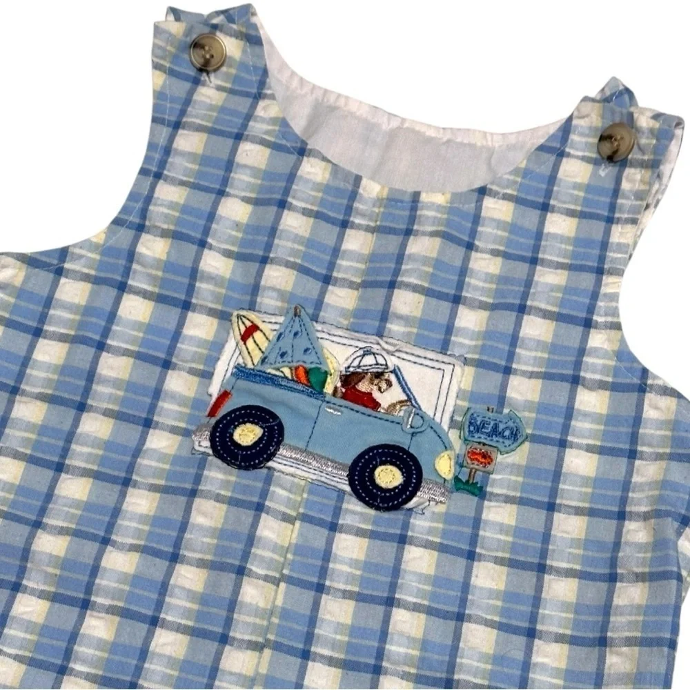 Vintage Good Lad Boys Plaid Blue Overalls with Dog Beach and Car Applique 24M